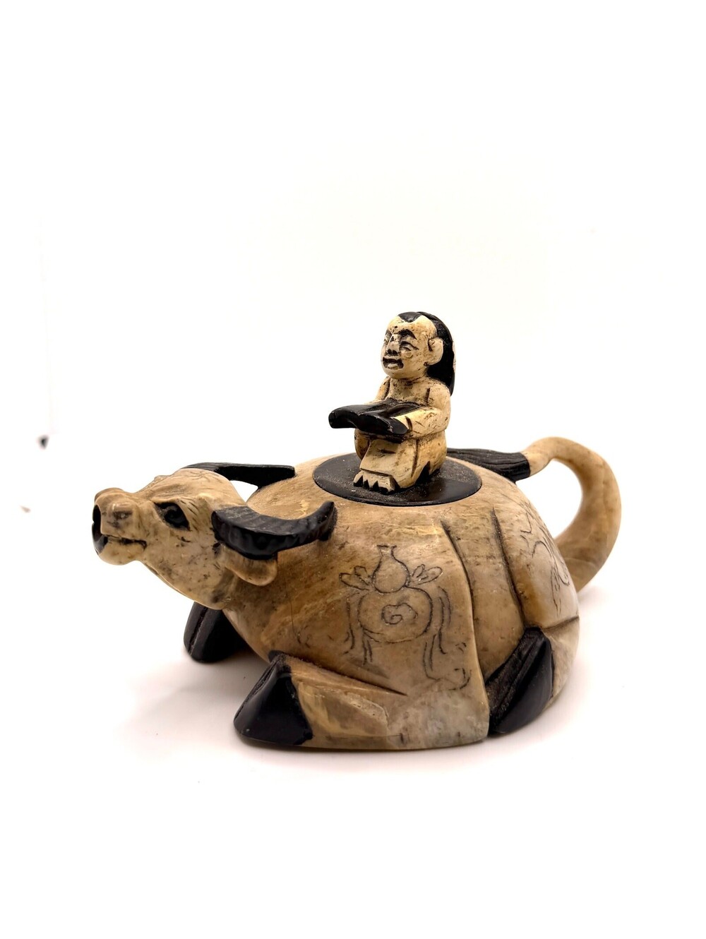 Vintage 70s Tan Brown Shoushan Stone Water Buffalo Teapot